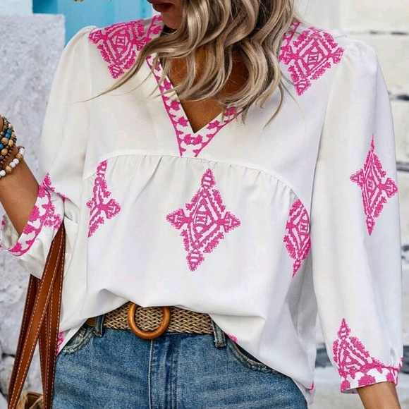 Women's White and Pink Embroidered Blouse - Picture 1 of 6